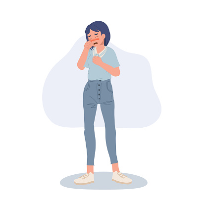 healthcare and illness concept. woman coughing without hand protection