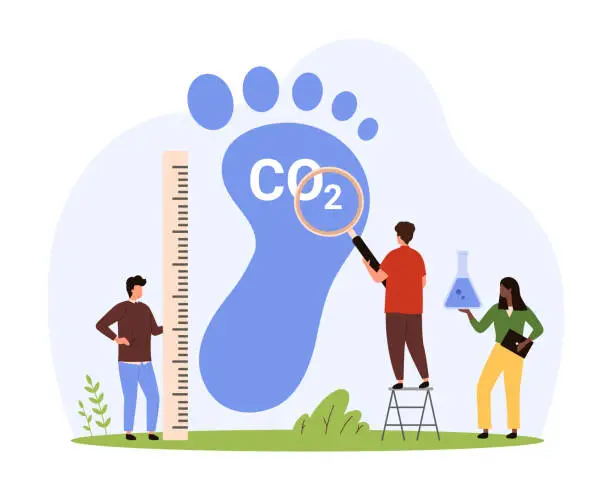 Vector illustration of Carbon footprint effect analysis by tiny people, CO2 pollution and environmental impact