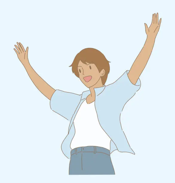 Vector illustration of Man relaxing, raising hands up, stretching arms towards sky. Young man worshiping arms. Hand drawn flat cartoon character vector illustration.