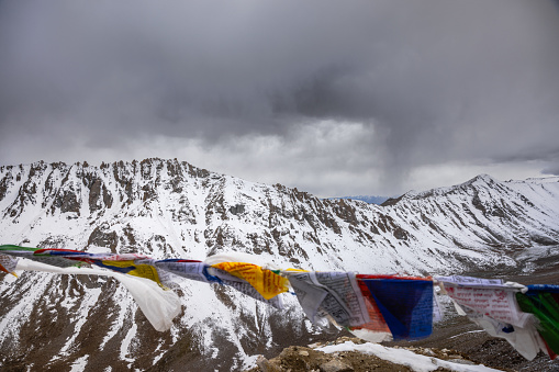 Snow covered peaks at KhardungLa pass, greater Himalayas, en route Leh, Ladakh