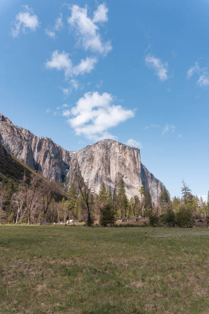 View of El Capitan in the valley of Yosemite national park and the water park