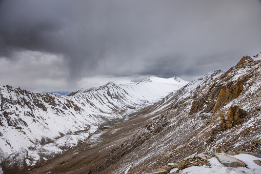 Snow covered peaks at KhardungLa pass, greater Himalayas, en route Leh, Ladakh