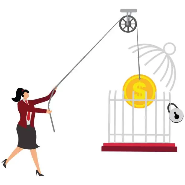 Vector illustration of A businesswoman gets his money out of the cage