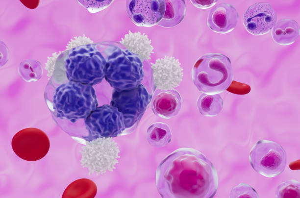 istock White blood cells with T-cell lymphoma - closeup view 3d illustration 1976896478