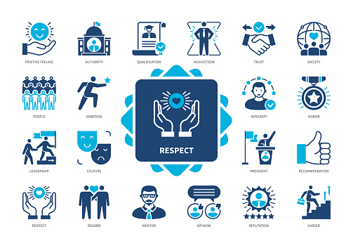 Respect icon set. High Esteem, Authority, Integrity, Leadership, Opinion, Reputation, Regard, Ambition. Duotone color solid icons