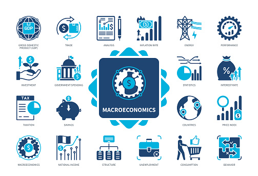 Macroeconomics icon set. National Income, Investment, Taxation, Consumption, Inflation Rate, Savings, Trade, Price Index. Duotone color solid icons