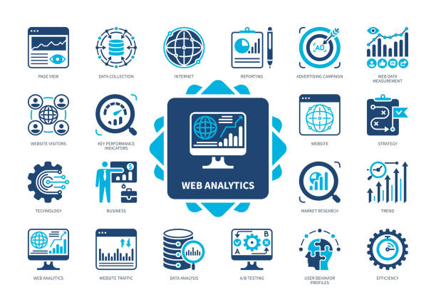 Web Analytics solid icon set Web Analytics icon set. Technology, Efficiency, Web Traffic Measurement, Reporting, Trend, Page View, Market Research, Data Collection. Duotone color solid icons projection stock illustrations