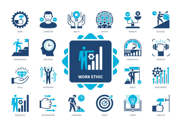 Work Ethic solid icon set Work Ethic icon set. Work, Productivity, Determination, Diligence, Perseverance, Morality, Discipline, Strength. Duotone color solid icons animal behavior stock illustrations