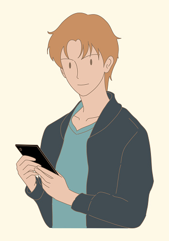 Cheerful man standing with smartphone in hand, searching information via browser or app, chatting, texting, communicating online, social network. Hand drawn flat cartoon character vector illustration.