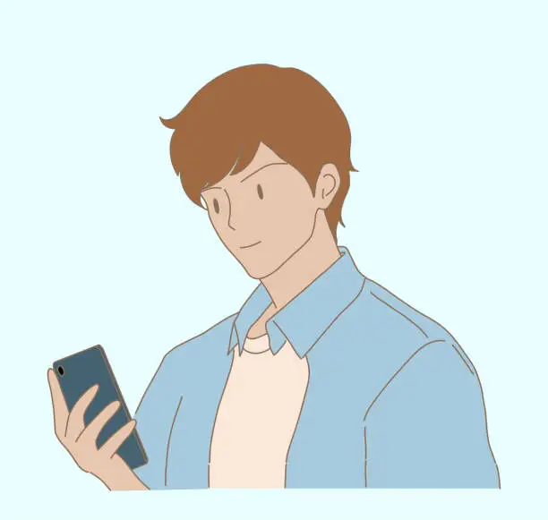Vector illustration of Cheerful man standing with smartphone in hand, searching information via browser or app, chatting, texting, communicating online, social network. Hand drawn flat cartoon character vector illustration.