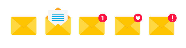 ikon amplop surat kuning diatur dengan penanda pesan baru. pemberitahuan surat email dengan tanda. ilustrasi vektor - amplop ilustrasi stok