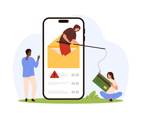 Fraud, cyber attack on personal financial information and account. Thief from open letter on mobile phone screen holding fishing rod to catch credit card from tiny people cartoon vector illustration