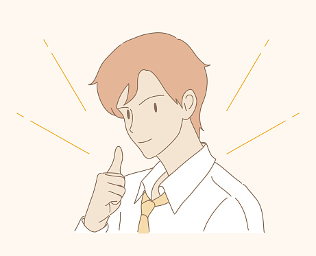 Smiling confident businessman showing thumbs up positive gesture. Rays behind. Hand drawn flat cartoon character vector illustration.