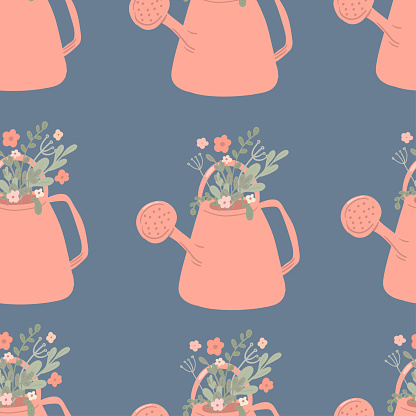 Watering can pink colour with flowers flat design seamless pattern. Vector illustration