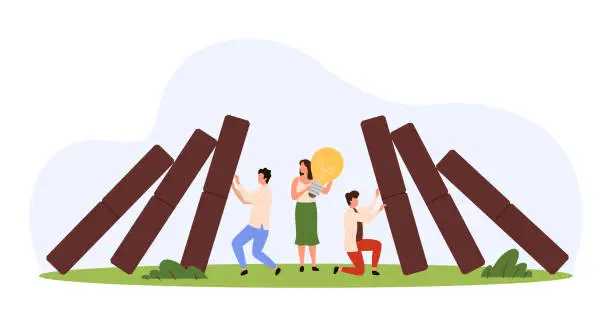 Vector illustration of Proactive risk management, challenge, tiny people pushing falling domino to stop failure