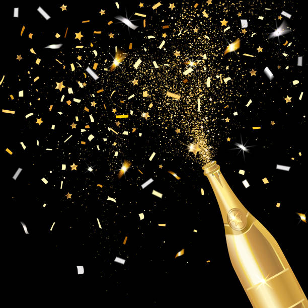 Explosion of Golden Confetti From Champagne Bottle explosion of golden confetti from champagne bottle in gold color on black background Champagne stock illustrations