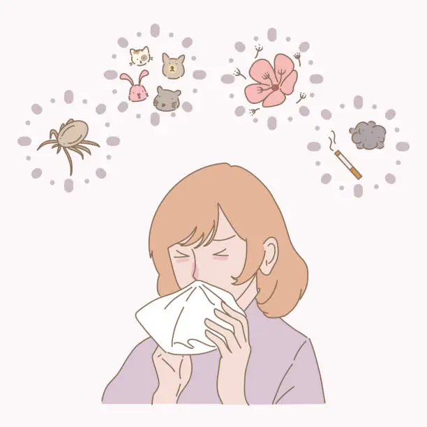 Vector illustration of Woman with perennial and seasonal allergies cause by dust, fur, pollen, smoke. Runny nose and watery eyes. Blowing nose with handkerchief. Hand drawn flat cartoon character vector illustration.