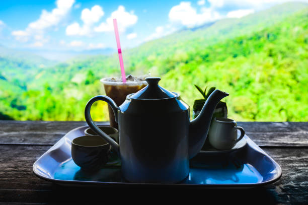 istock Ceramic kettle with hot tea on wooden table ready to eat and mountain view background in Chiang Mai province 1976919171