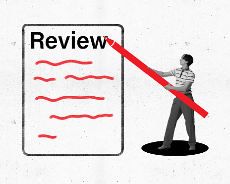 Modern aesthetic artwork. Young man in monochrome filter writing huge red pencil review from purchases. Concept of shopping, customer service management, support, company or brand reputation.