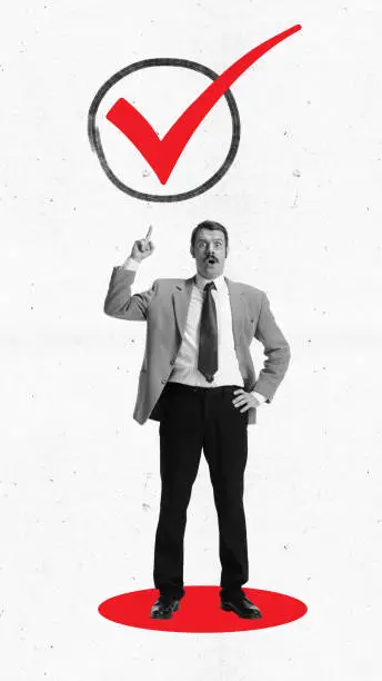 Modern aesthetic artwork. Man, manager dressed formally and holds his hand up pointing to circle with red tick. Concept of shopping, customer service management, support, review, quick response.