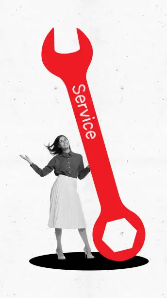 Photo of Contemporary art collage. Positive and friendly woman holding huge red wrench with inscription Service. Technical support