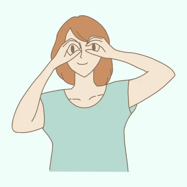 Vector illustration of Smiling woman gesturing with hand binoculars. Playful girl holding hands in front of eyes in the form of binoculars. Hand drawn flat cartoon character vector illustration.