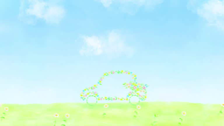 A loop animation with an ecological image of a car designed with flowers driving through a field.