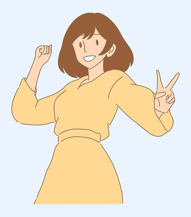 Smiling businesswoman spreading arms, raising fist and v-sign hand, celebrating for good news, cheering up, showing positive emotion with gesture. Hand drawn flat cartoon character vector illustration