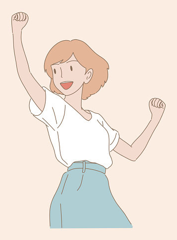 Cheerful smiling woman spreading arms, raising fists, celebrating for good news, cheering up, showing positive emotion with gesture, hooray. Hand drawn flat cartoon character vector illustration.