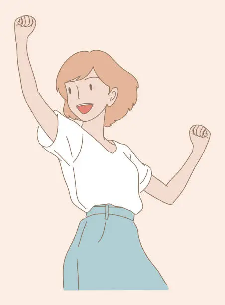 Vector illustration of Cheerful smiling woman spreading arms, raising fists, celebrating for good news, cheering up, showing positive emotion with gesture, hooray. Hand drawn flat cartoon character vector illustration.