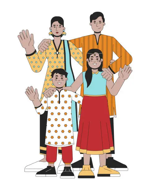 Vector illustration of Indian family wearing traditional clothing line cartoon flat illustration
