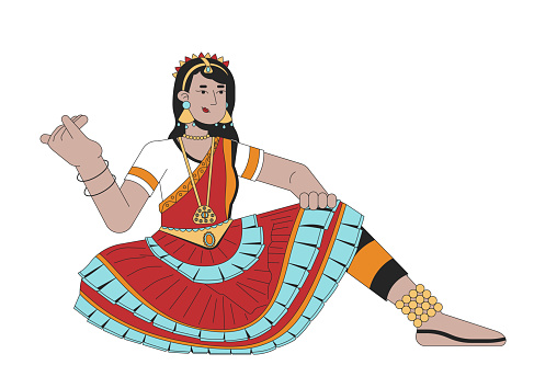 Woman dancer bharatanatyam on Deepavali line cartoon flat illustration. Diwali dancer female indian 2D lineart character isolated on white background. Worship of Lakshmi scene vector color image