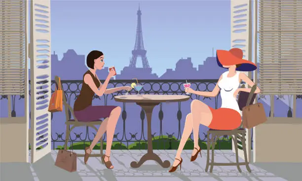 Vector illustration of Two friends on the terrace in a cafe with Paris in the background. Vector.