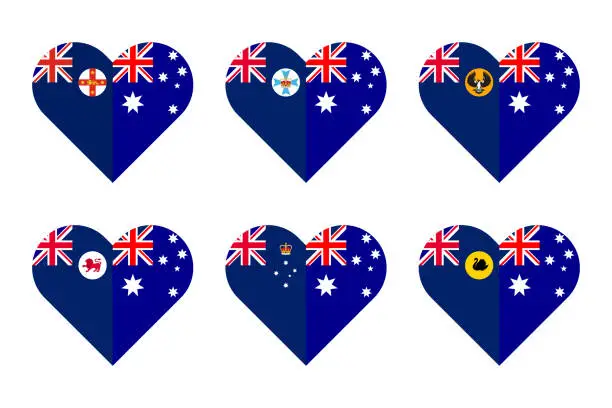 Vector illustration of australia state flag heart shape icon set. vector illustration isolated on white background