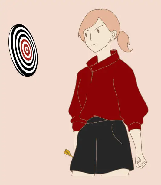 Vector illustration of Determined woman holding a dart, looking, aiming at target on dartboard. Focused girl setting goals. Hand drawn flat cartoon character vector illustration.