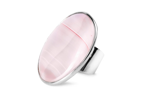 Large pink agate silver ring isolated on white background