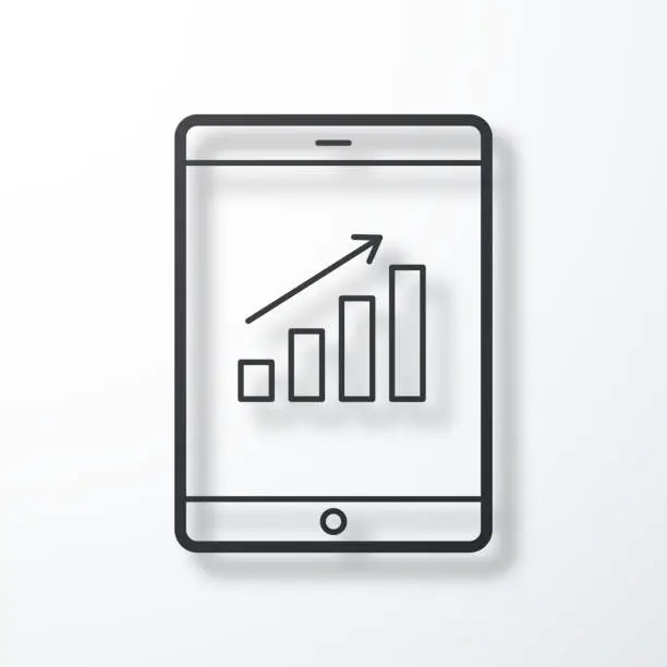 Vector illustration of Growing chart on tablet PC. Line icon with shadow on white background