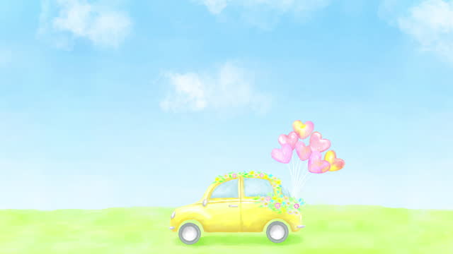 A loop animation of a car driving through a field with heart-shaped balloons attached.