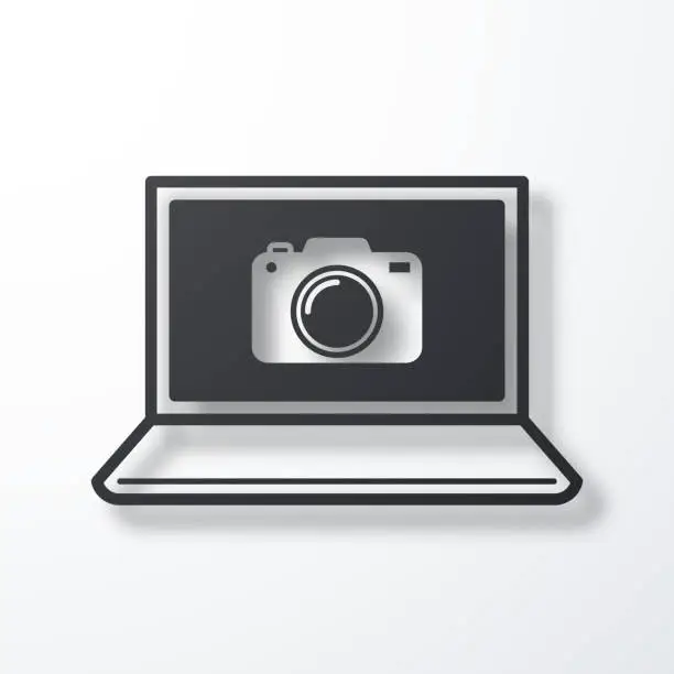 Vector illustration of Laptop with camera. Icon with shadow on white background