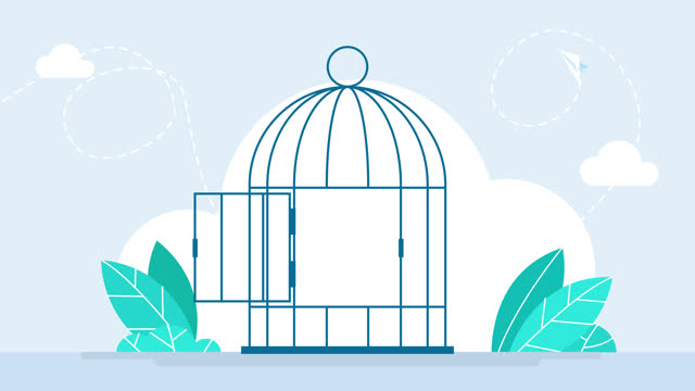 Birdcage with the door locked. Financial Freedom Concept. Businessman with Golden Key Opens of Metal Cage. Birdcage. Finance Success. Steel traps. Vintage bird cage. 2d flat animation