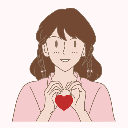 Happy woman making heart shape with hands. Hand drawn flat cartoon character vector illustration.