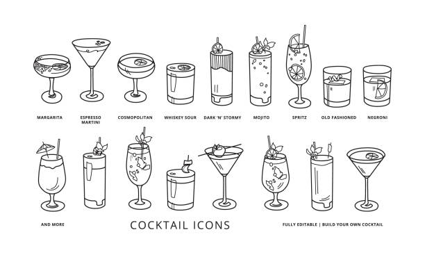 Set Cocktail Icons Bar Menu Fully vectorized easy to edit. Featuring classic cocktails like Margarita, Cosmopolitan and Negroni as well as modern garnish to suit any need. cocktail stock illustrations