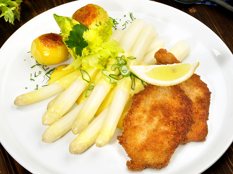 White Asparagus with Sauce Hollandaise, Wiener Schnitzel and Potatoes