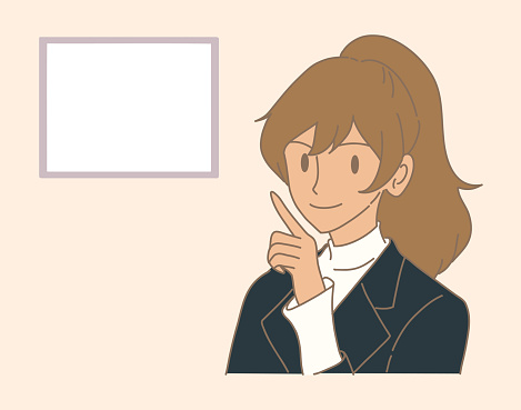 Businesswoman pointing over shoulder at blank frame on the wall, telling employee to share ideas or posting information to achieve goals. Hand drawn flat cartoon character vector illustration.