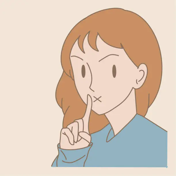 Vector illustration of Serious woman raising up index finger near lips, keeping secret,  asking to be quiet, closing mouth with finger pose. Hand drawn flat cartoon character vector illustration.