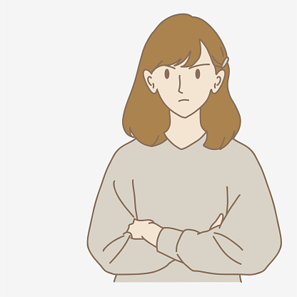Angry girl sulking, crossing arms against chest in defensive pose. Frustrated female character with unhappy face expression. Hand drawn flat cartoon character vector illustration.