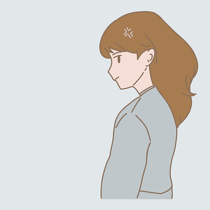 Sulk businesswoman squinting at someone with angry symbol on head, controlling oneself. Hand drawn flat cartoon character vector illustration.