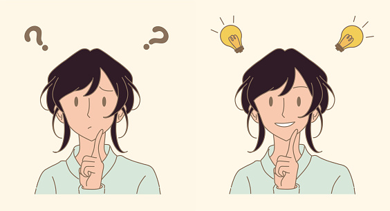 Woman thinking with question marks and light bulbs. Girl having question then finding new idea. Hand drawn flat cartoon character vector illustration.