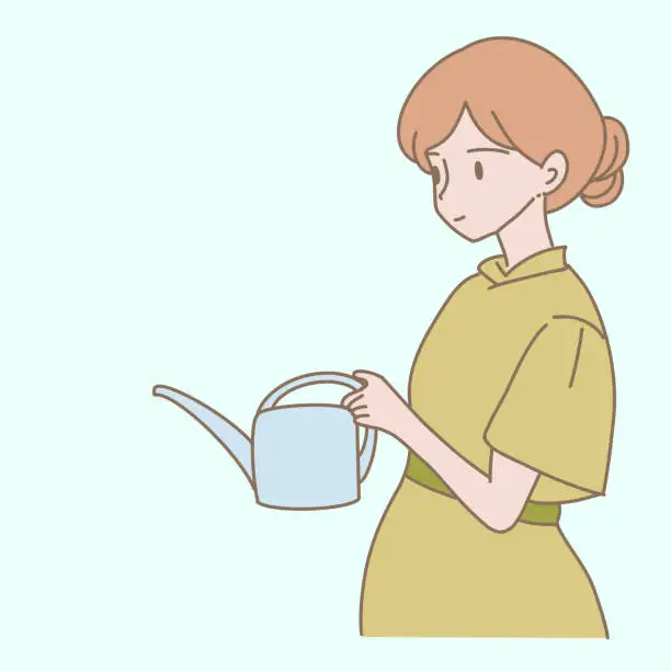 Vector illustration of Woman holding watering can, growing plants. Hand drawn flat cartoon character vector illustration.