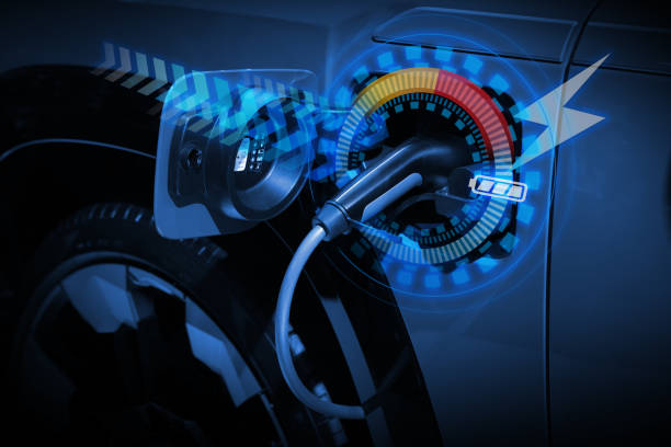 Power cable pump plug in charging power to electric vehicle EV car.